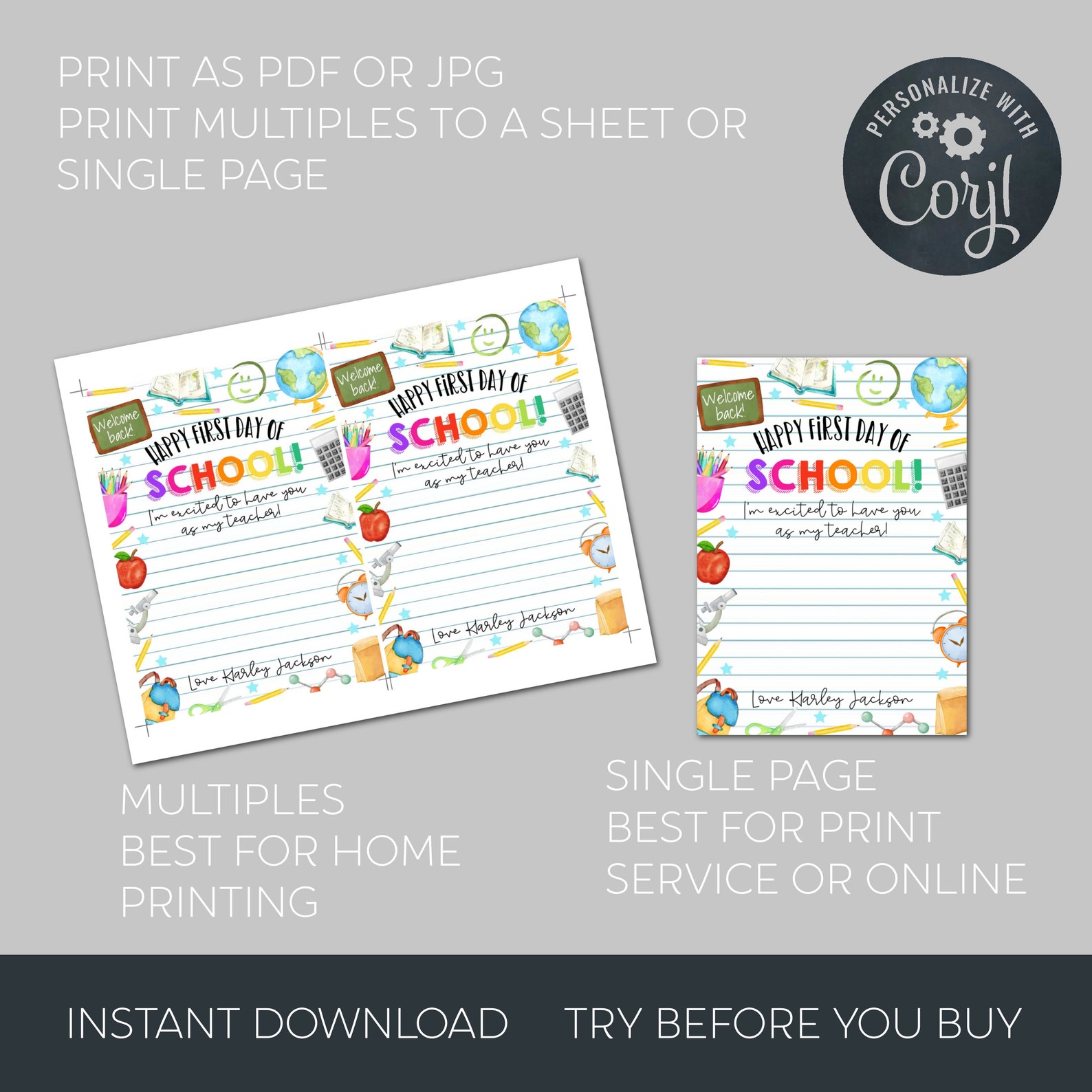First Day of School Gift Card Holder Template, Printable Welcome Back ...