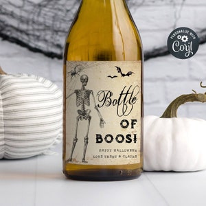 Halloween Bottle Of Boos Wine Bottle Label Template, Printable Hallowine Label, Editable Vintage Skeleton Booze Label, Instant Download, #SV