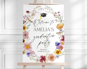 Wildflowers Graduation Welcome Sign Template, Printable Floral Graduate Welcome Board, Editable Boho Grad Party Poster, Digital Download #G4