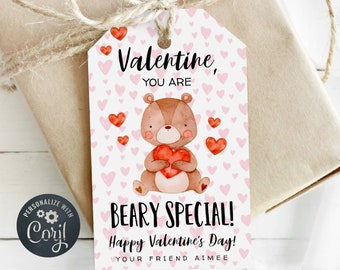 You Are Beary Special Gift Tag Template, Printable Teddy Bear Valentine's Day Favor Tags, Editable Kids School Valentine, Instant Download