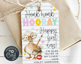 May include: A gift tag with a cartoon duck wearing glasses and holding a paintbrush. The tag reads "Honk honk HOORAY Happy first day!" with the text "I'M GLAD YOU'RE IN MY CLASS! LOVE VIOLET HARRISON". The tag is tied to a wrapped gift.