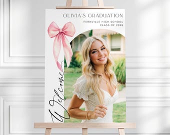 Pink Bow Photo Graduation Party Welcome Sign Template, Printable Coquette Graduate Welcome, Editable Elegant Grad Sign, Digital Download #G0