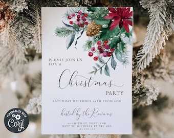 Può includere: Un invito a una festa di Natale bianco con un'illustrazione ad acquerello di bacche rosse, foglie verdi e una pigna. Il testo recita "Unisciti a noi per una festa di Natale, sabato 19 dicembre dalle 18:00, ospitata dai Rowans, A7 Smith St. Portland, RSVP a Michelle entro il 13 dicembre, 555 000 000".