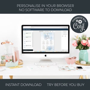 May include: A desktop computer displays a baptism invitation template with the text "Rowan's Baptism." The screen shows a design with blue watercolor accents. The text "Personalise in your browser, no software to download" is at the top.