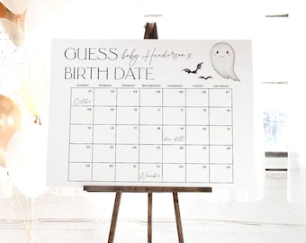 May include: A white printable calendar with a black border and the text "GUESS baby Henderson's BIRTH DATE". The calendar is for October and November and has a ghost and bat illustration.