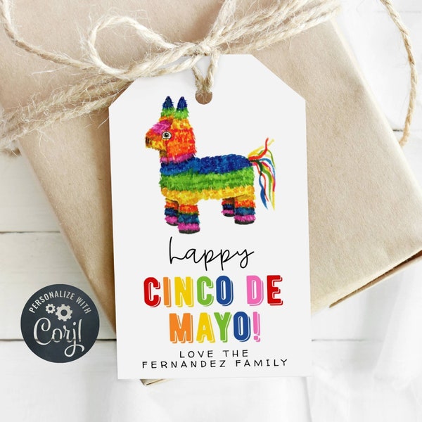 Piñata Happy Cinco de Mayo Gift Tag Template, Printable 5th of May Favor Tags, Editable Rainbow Fiesta Pinata Gift Tag, Instant Download