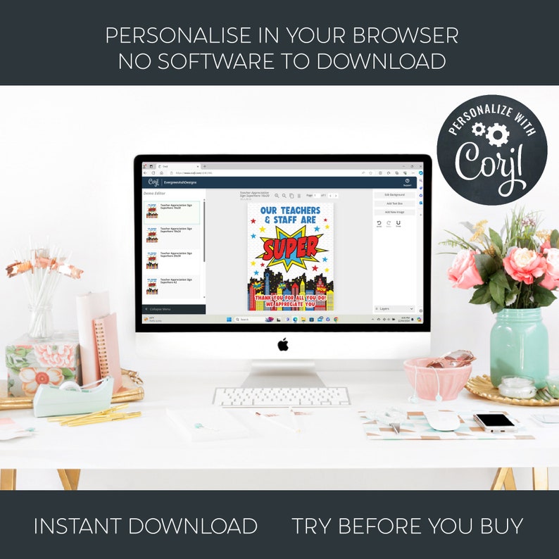 May include: A computer screen displaying a website with a printable sign that says "Our Teachers & Staff Are Super!" The sign has a superhero theme with a cityscape and stars. The website is called "Coril" and allows users to personalize the sign.