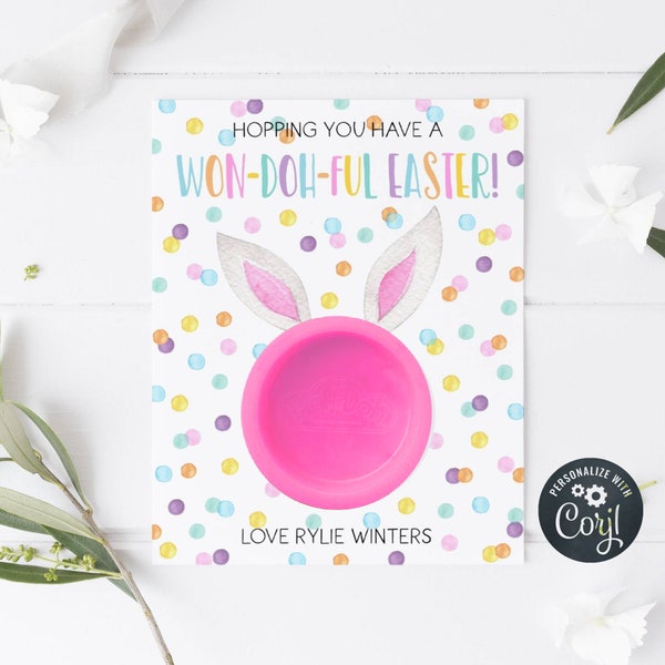 Easter Play Dough Card Template, Printable Won-doh-ful Easter Bunny Ears Playdoh Holder, Editable Classroom School Tags, Instant Download