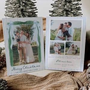 クリスマスリボンガーランドホリデーカードテンプレート、印刷可能なヴィンテージストライプフォトクリスマスカード、編集可能なブルーリボンカード、すぐにダウンロード