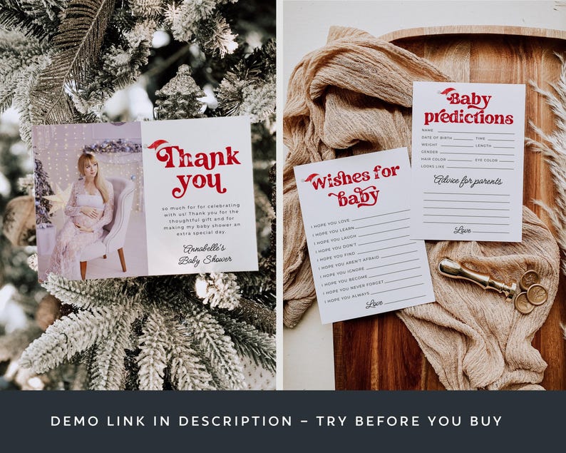 Santa Baby Shower Template Bundle, druckbares Weihnachtsduschpaket, bearbeitbares Weihnachtsmann Hut Duschset, digitaler Download, #CS Bild 9