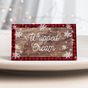 Modelo editável de etiqueta de buffet de Natal, cartão de barraca de barra de chocolate quente para impressão, cartão rústico de floco de neve xadrez de búfalo, download instantâneo