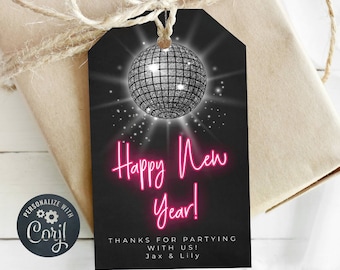 New Year's Eve Gift Tag Template, Printable Disco Ball Neon NYE Favor Tags, Editable Happy New Year's Party Tags, Digital Download
