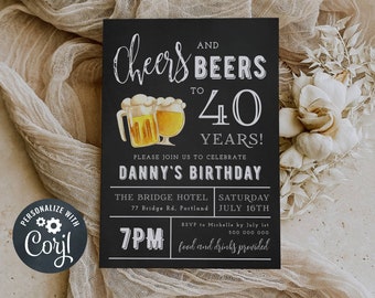 Cheers and Beers Birthday Party Invitation Template, Printable Editable Adult Birthday Invite, Any Age Birthday, 30th 40th, Instant Download