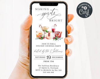 Electronic Holiday Cocktail Party Invitation Template, Editable Modern Christmas Drinks Digital Text Message Evite, Digital Download, #CD