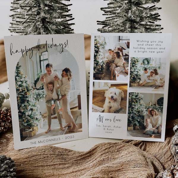 Modèle de carte de vacances photo Modern Arch, carte de Noël minimaliste imprimable, photos de famille modifiables carte de vœux de Noël, téléchargement instantané