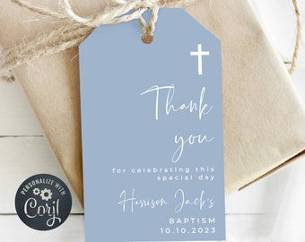 Dusty Blue Modern Baptism Favor Tag Template, Printable Christening Gift Tags, Editable Minimalist Boys Baptism Tag, Instant Download, #DB