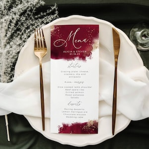 Burgundy Watercolor Menu Template, Printable Maroon &amp; Gold Wedding ...