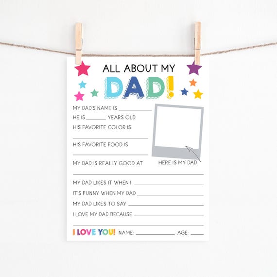 Printable All About My Dad, Father's Day Gift From Kids, Questionnaire About Daddy Activity, Fill In The Blanks, Digital Download PDF