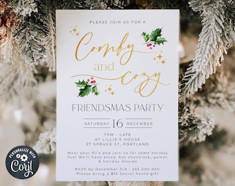 Könnte beinhalten: Eine weiße Einladungskarte mit goldenen Lettern für eine Friendsmas-Party. Die Einladung lautet "Bitte schließen Sie sich uns für eine gemütliche und kuschelige Friendsmas-Party an" mit dem Datum Samstag, 16. Dezember. Die Zeit ist 19:00 Uhr spät im Haus von Lillie, 27 Spruce St, Portland. Die Einladung enthält auch Details zum Tragen von Pyjamas, Pizza, heißer Schokolade, Spielen und Weihnachtsfilmen. Sie bittet die Gäste, sich bis zum 3. Dezember anzumelden und ein 15-Euro-Secret-Santa-Geschenk mitzubringen.