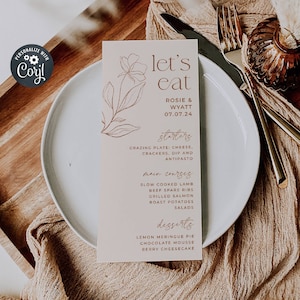 Modèle de Menu de mariage floral en terre cuite beige, décoration de table imprimable du désert bohème, cartes de menu modifiables en cuivre rouille, téléchargement immédiat, #TCW
