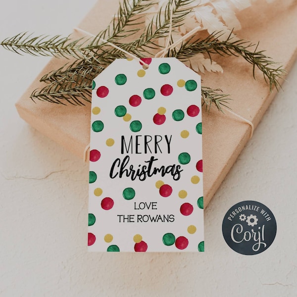 Editable Christmas Gift Tag Template, Printable Holiday Party Favor Tag, Bright Xmas Present Tag, Confetti Red Green Gold, Instant Download