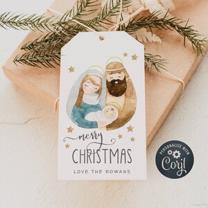 Christmas Nativity Gift Tag Template, Printable Religious Merry Christmas Favor Tag, Editable Christian Present Tags, Instant Download