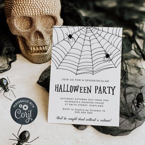 Minimalist Halloween Party Invitation Template, Printable Spiderweb Costume Party Invite, Editable Simple Web Invite, Instant Download, #HW