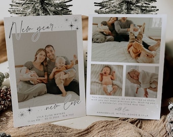 New Year New Love Birth Announcement Template, Printable Modern Newborn Baby Photo Card, Editable New Year's Announcement, Instant Download