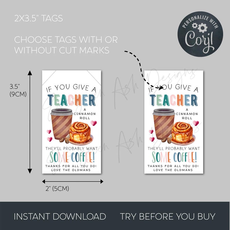 Teacher Appreciation Cinnamon Roll Gift Tag Template, Printable Coffee ...