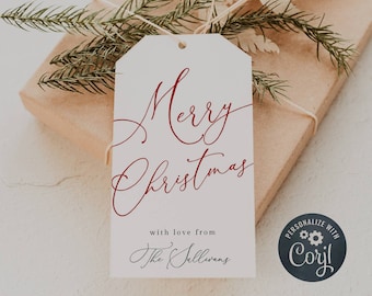 Minimalist Merry Christmas Gift Tag Template, Printable Modern Holiday Party Favor Tag, Editable Simple Elegant Script Tag, Instant Download