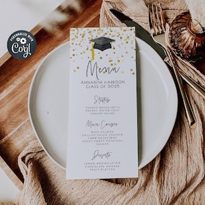 Menusjabloon afstuderen diner, afdrukbaar modern afgestudeerd tafeldecor, bewerkbare minimalistische Grad Party-menukaarten, direct downloaden, #GC