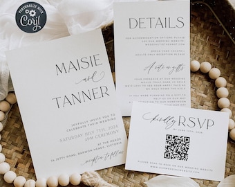 Minimalist Wedding Invitation Suite Template, Printable Modern Wedding Invite Set, Editable Boho Details RSVP QR Code, Digital Download #MW1