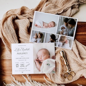 Editable Photo Birth Announcement Template, Printable Newborn Baby Stats Doodles Cards, Simple Thank You Note, Digital Download