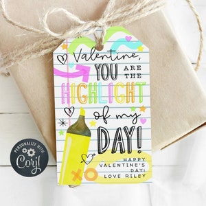 Valentinstag Highlighter Geschenkanhänger Vorlage, druckbar Sie sind das Highlight meines Tages Tags, bearbeitbare Kinder Valentines, Sofort Download