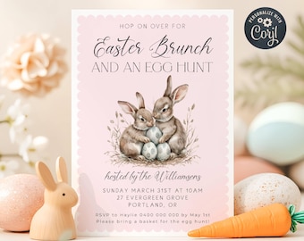 Easter Brunch Invitation Template, Printable Bunnies Easter Egg Hunt Invite, Editable Cute Rabbit Scallop Invite, Digital Download, #E2