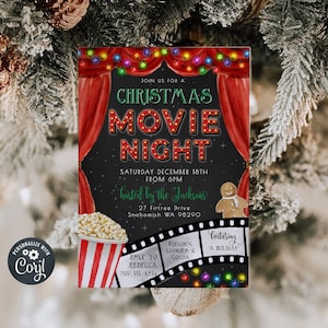Christmas Movie Night Invitation Template, Printable Holiday Film Night Invite, Editable Family Fun Xmas Party Invite, Instant Download