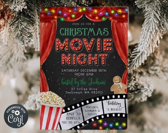 クリスマス映画鑑賞会招待状テンプレート、印刷可能なホリデー映画鑑賞会招待状、編集可能な家族向けクリスマスパーティー招待状、デジタルダウンロード