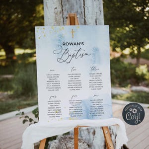 Blue & Gold Baptism Seating Plan Template, Printable Light Blue Watercolor Christening Sign, Editable Seating Chart, Instant Download, #BB