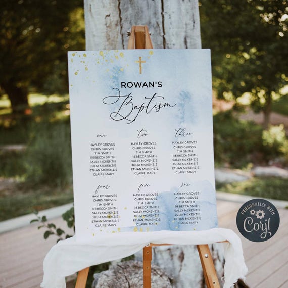 Blue & Gold Baptism Seating Plan Template, Printable Light Blue Watercolor Christening Sign, Editable Seating Chart, Digital Download, #BB