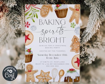 May include: A Christmas baking party invitation with a watercolor illustration of gingerbread cookies, cupcakes, and other baking-themed items. The text reads "Baking Spirits Bright" and includes details about the party, including the date, time, and location.