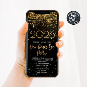 Modèle électronique d'invitation à la fête du nouvel an 2026, confettis de lumières dorées modifiables, invitation de message texte pour les fêtes de fin d'année, téléchargement immédiat