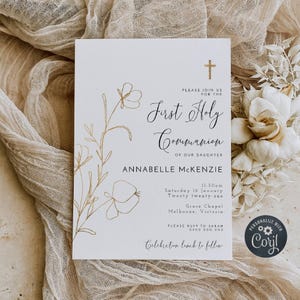 Modèle d'invitation de première communion, faire-part de communion floral doré imprimable, faire-part religieux moderne modifiable, téléchargement immédiat, #GF