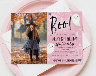 Pink Halloween Birthday Photo Invitation Template, Printable Ghost Invite, Editable Spooktacular Costume Party Invite, Digital Download #HB