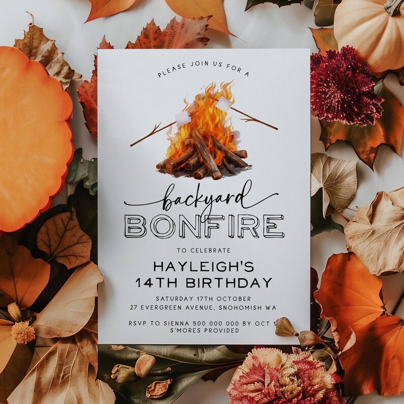 May include: A white invitation card with black text and a drawing of a campfire with marshmallows on sticks. The text reads "Please join us for a backyard bonfire to celebrate Hayleigh's 14th birthday. Saturday 17th October, 27 Evergreen Avenue, Snohomish WA. RSVP to Sienna 500 000 000 by Oct 1. S'mores provided."