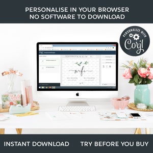 May include: A desktop computer displays a design template with the word "wifi" in cursive. The screen shows a design with the text "WIFI NETWORK" and "WIFI PASSWORD". The image also includes text that says "PERSONALISE IN YOUR BROWSER NO SOFTWARE TO DOWNLOAD" and "INSTANT DOWNLOAD TRY BEFORE YOU BUY".