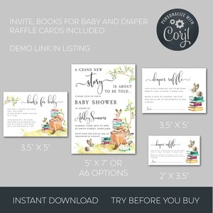 May include: Printable baby shower invitation with a woodland theme. The invitation features a watercolor illustration of a stack of books, a tree stump, and two bunnies. The text on the invitation reads "A Grand New Story is About to be Told... Please Join Us for a Baby Shower in Honor of Ashley Summers. Sunday, June 10th at 2 PM, 27 Smith Street, Portland. RSVP 0400 000 000 by May 20. Registered at Amazon."