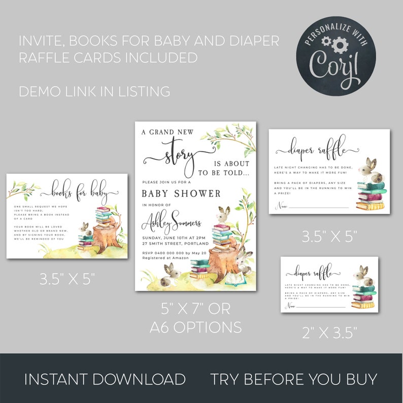 May include: Printable baby shower invitation with a woodland theme. The invitation features a watercolor illustration of a stack of books, a tree stump, and two bunnies. The text on the invitation reads "A Grand New Story is About to be Told... Please Join Us for a Baby Shower in Honor of Ashley Summers. Sunday, June 10th at 2 PM, 27 Smith Street, Portland. RSVP 0400 000 000 by May 20. Registered at Amazon."
