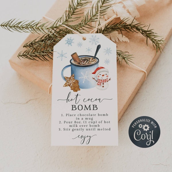 Christmas Hot Chocolate Bomb Gift Tag Template, Printable Winter Snow Hot Cocoa Favor Tags, Editable Bomb Directions Tags, Instant Download