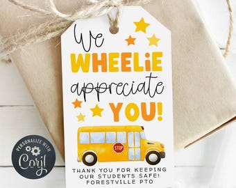 編集可能なバス運転手への感謝のギフトタグテンプレート、印刷可能な「We Wheelie Appreciate You」感謝タグ、スクールバスへの感謝、デジタルダウンロード