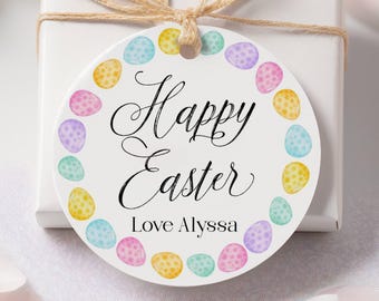 Round Easter Favor Tag Template, Printable Easter Egg Wreath Gift Labels, Editable Simple Pastel Happy Easter Stickers, Digital Download